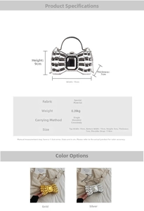 Detailed view of metallic bow clutch bag with crystal gemstone and chain strap