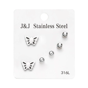 Set of 6 silver stainless steel stud earrings featuring butterfly and crystal rhinestone designs