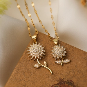 Collier Pendentif Tournesol Rotatif Cuivre Plaqué Or Avec Zircon Bijoux De Fleur Pivotante Élégante
