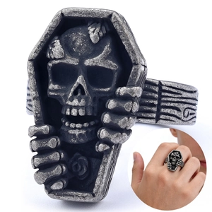 Gothic Skull Coffin Ring Stainless Steel Vintage Punk Rock Biker Jewelry For Men And Women Retro Rose Detail Design