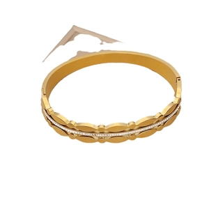 Vintage heavy-duty golden bangle with oval wave edges and white zircon micro-inlay