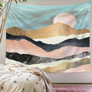 Close-up of abstract mountain landscape tapestry with golden moon on modern bedroom wall