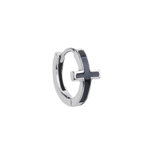 Minimalist silver stainless steel earring with black enamel cross on white background