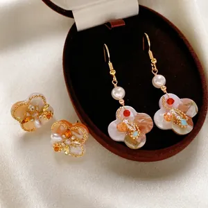 Vintage Floral Dangle Earrings With Faux Artificial Pearl Zircon Resin And 925 Sterling Silver Earring Post For Women