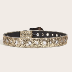 Sparkling gold sequin belt with metal eyelets and silver beaded edges for women