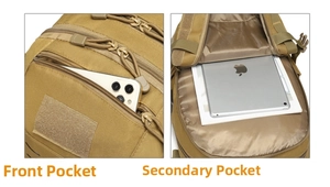 Detail of khaki tactical backpack showing storage capacity for phone and tablet