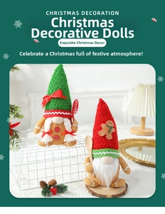 Detail of Christmas gnome plush with knitted green hat and festive candy cane accessory