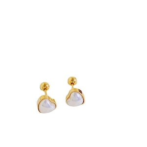 Elegant 18K gold plated heart stud earrings with white pearl inlay on white background