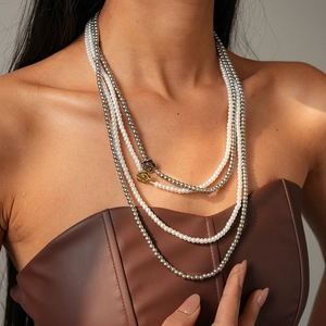 Vintage Long Faux Artificial Pearl Necklace With Flower OT Clasp Multi Layer Sweater Chain For Women Copper Alloy Beads Retro Jewelry