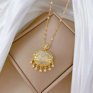Elegant gold titanium steel tassel lock necklace with pavé diamonds in a gift box