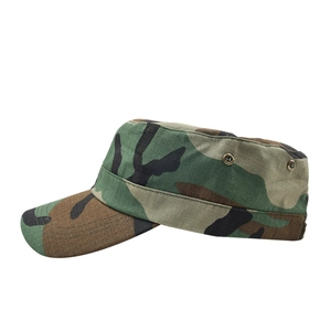 Detailed view of woodland camo tactical flat top cap with ripstop fabric and vent eyelets