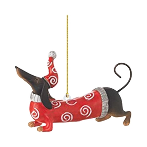 Detail of dachshund Christmas ornament with red spiral vest and gold hanging string
