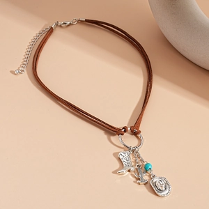 Double-layer suede necklace with silver cowboy hat, boot, and cactus pendants