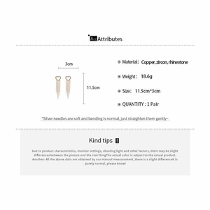 Detailed size chart for gold heart tassel earrings with dimensions and material specs