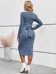 Detail of grey-blue maternity dress featuring rib-knit texture and back tie-up waist belt