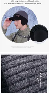 Detailed view of winter knit baseball cap featuring 6cm wide ear flaps and warm lining