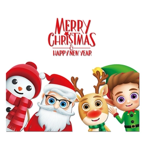 Christmas window stickers featuring Santa, snowman, and reindeer with festive greetings