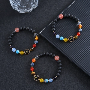 Solar system zodiac beaded bracelets with lava rock stones and engraved gold charms