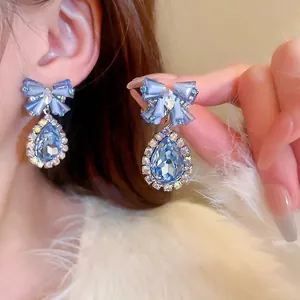 Boucles D'oreilles Pendantes En Alliage Bleu Avec Tige En Argent Nœud En Cristal Bijoux Élégants Pour Femmes Mode