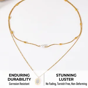 Detail of double-layer gold necklace with white pearl and rectangular metal pendant