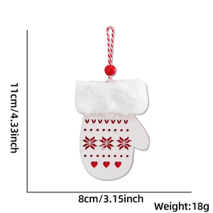 Detailed specs of red and white Christmas glove wooden ornament with size dimensions