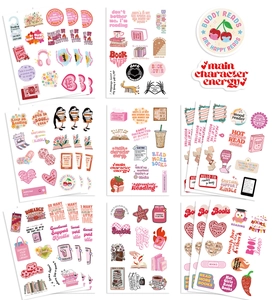 Detailed view of pink bookish stickers with books, coffee, and reader illustrations