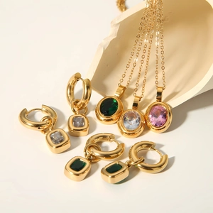 Luxury 18k gold plated stainless steel jewelry set with oval emerald and pink crystals