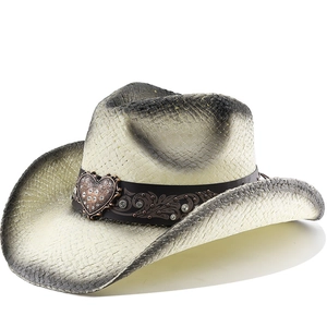 Western Cowboy Straw Hat Rhinestone Leather Band Large Heart Metal Buckle Wide Brim Sun Protection Vintage Style