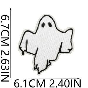Detailed view showing dimensions of white ghost embroidery patch for Halloween decor