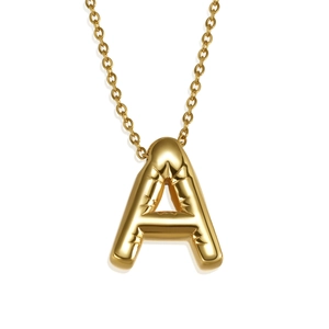Polished gold 3D balloon style letter A pendant necklace for women on white background