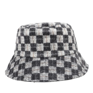 Winter wool checkerboard bucket hat in black grey and white grid pattern for women