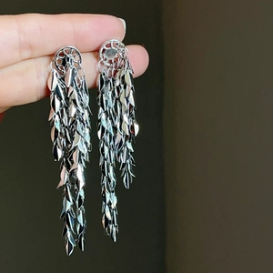 Elegant silver leaf fringe drop earrings with a long cascading metallic tassel design