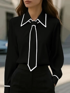 Détail de chemise de bureau noire à manches longues avec passepoil blanc et motif cravate