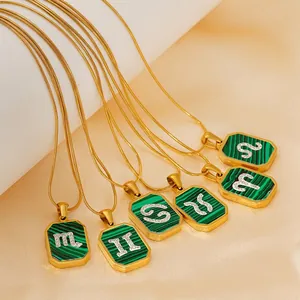 18K Gold Plated Stainless Steel Zodiac Necklace Malachite Octagon Pendant Rhinestone Constellation Women Snake Chain