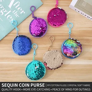 Round Sequin Coin Purse Mini Reversible Glitter Pouch With Plastic Hook For Backpack Bag Charm Keychain Plush Back