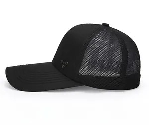 Detail of a black mesh baseball cap with long brim and a triangle metal sport logo