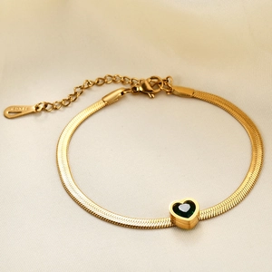 14K gold plated stainless steel snake chain bracelet with green heart zircon stone