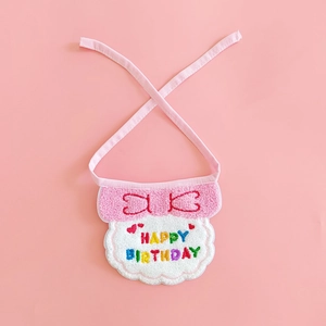 Detail of pink embroidered Happy Birthday pet bib with soft scalloped lace edges