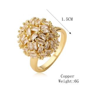Macro view of wide gold copper ring with pavé rectangle zircons in a ball design