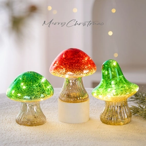 Red and green mushroom glass LED Christmas ornaments with frosted gold textures