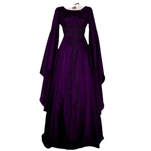 Dark purple medieval witch dress with lace-up waist and flared bell sleeves for Halloween
