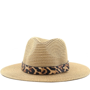 Straw Fedora Hat Sun Protection Wide Brim Beach Summer Panama Jazz Cap With Leopard Print Band And Metal Rivet Breathable