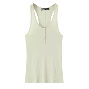 Women's mint green ribbed cotton tank top with buttoned Henley neckline design