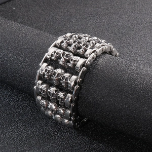 Hip hop punk style silver stainless steel skull bracelet with multi-row gothic links