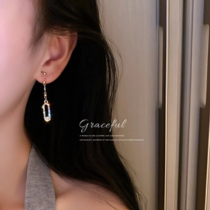 Elegant long gold chain tassel earrings with rhinestone paved hollow rectangle pendant