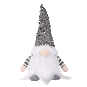 Detail of gray sequined gnome doll with long white beard and striped arms for Christmas