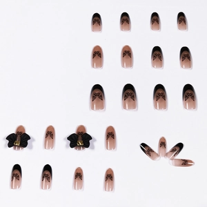 Black baroque butterfly press-on nails set with almond shape and 3D bow accents