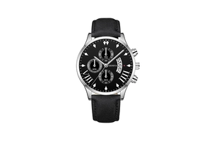 Close-up of Geneva men's watch featuring black dial with three sub-dials and date window