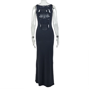 Detail of the waist cut-out and high neck design on this black sleeveless evening dress