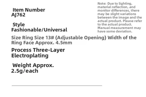 Detailed size specifications for adjustable enamel ring featuring 4.5mm width and size 13